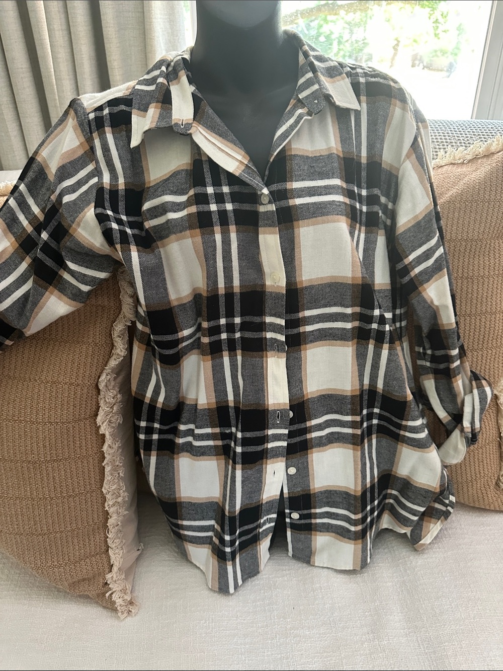 LOFT Plaid Button-Down Shirt in Cream, Black & Brown